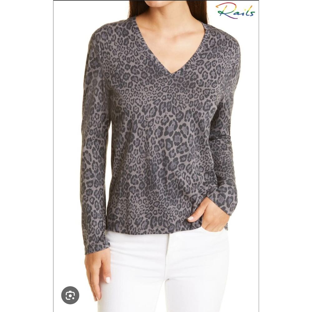 Rails The Sami Long Sleeve V Charcoal Cheetah Print Black Gray Shirt Sz Medium